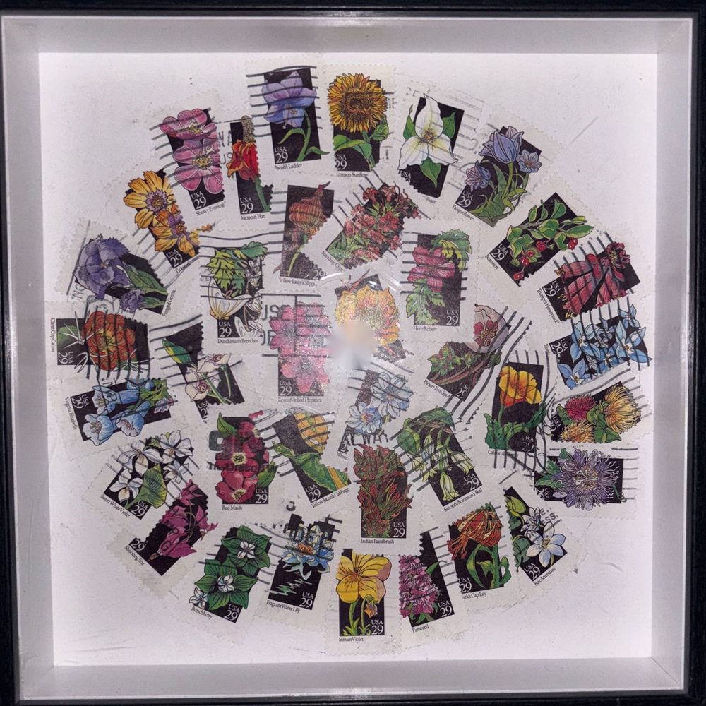 American Wildflowers framed postage stamp art — a circular arrangement of vintage US wildflower stamps in a white 8x8 shadow box