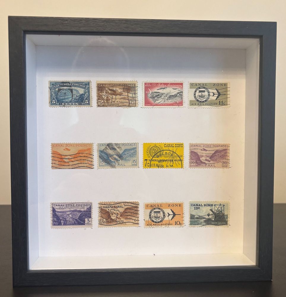 Panama Canal Zone framed postage stamp art — vintage Canal Zone airmail and postage stamps in a black 8x8 frame