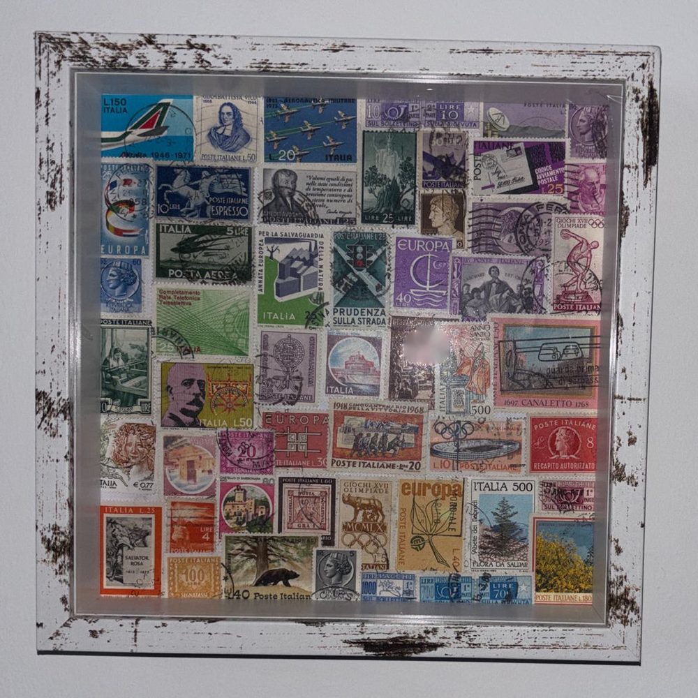 Viva Italia framed postage stamp art — colorful vintage Italian Poste Italiane stamps