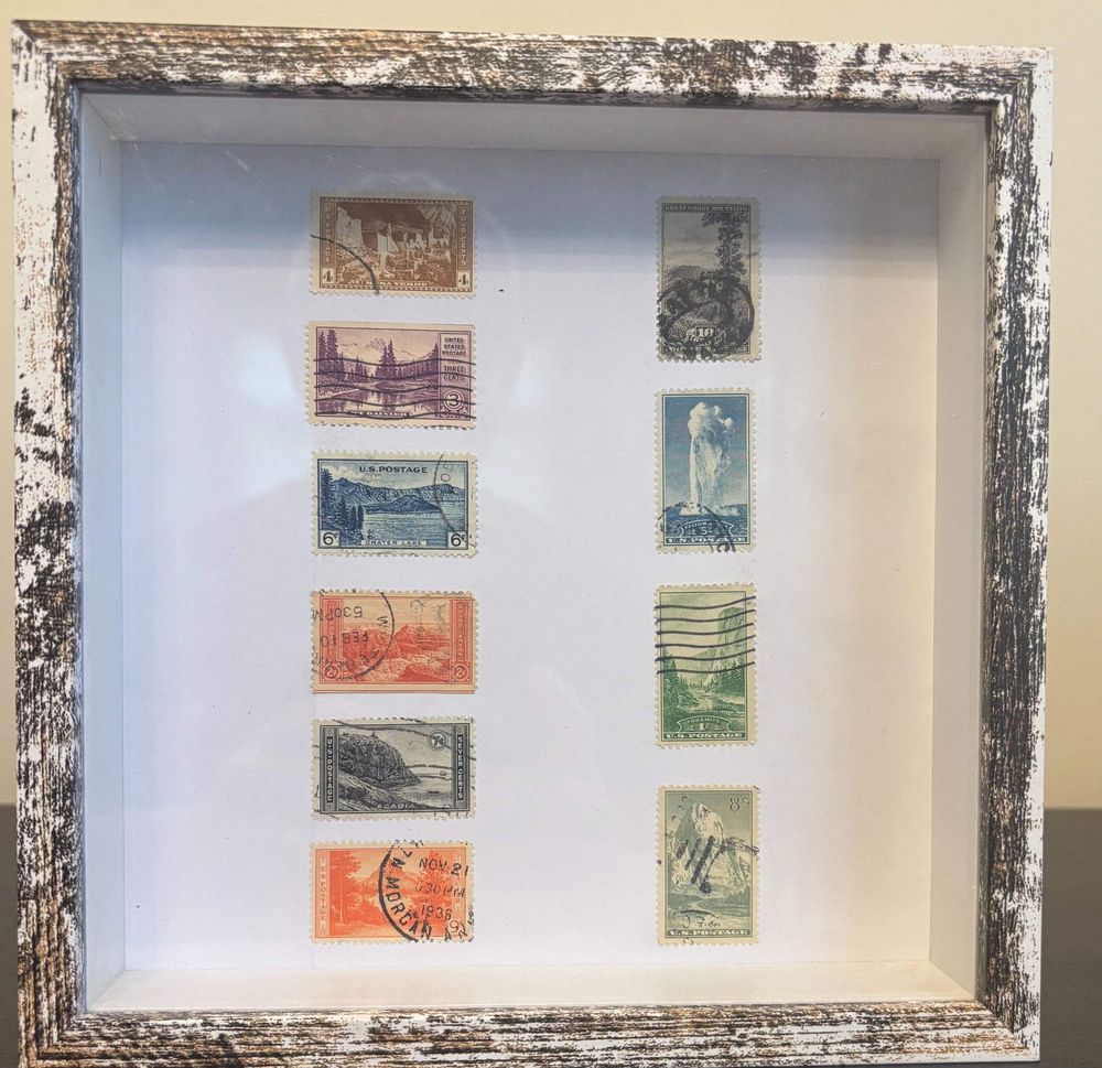 Our Beautiful National Parks framed postage stamp art — classic US National Parks stamps including Yosemite, Crater Lake and Acadia