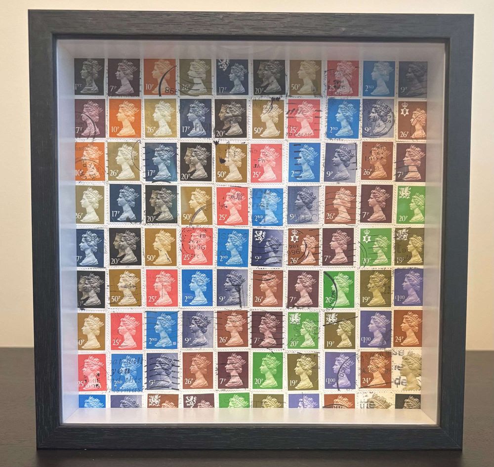 Da Queen framed postage stamp art — a grid of British Machin Queen Elizabeth II definitive stamps