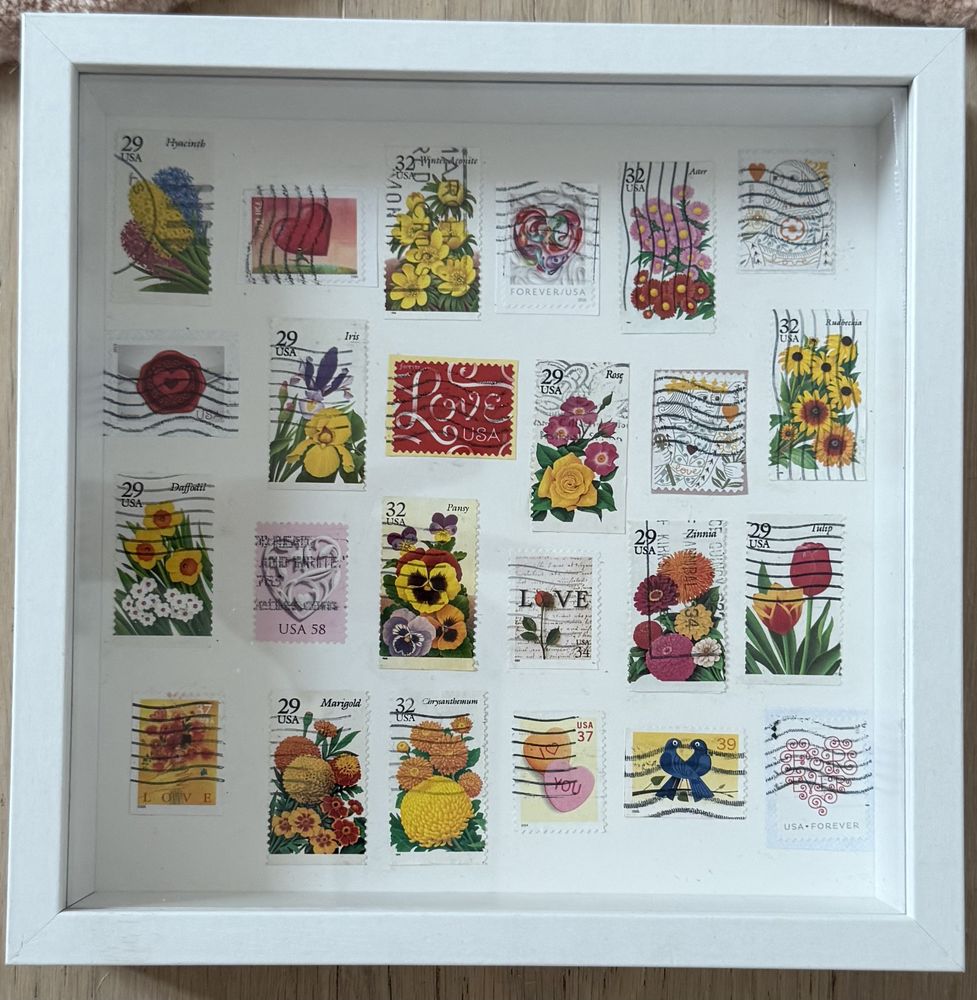 Baby Girl framed postage stamp art — pastel floral and love-themed US stamps, ideal nursery wall decor