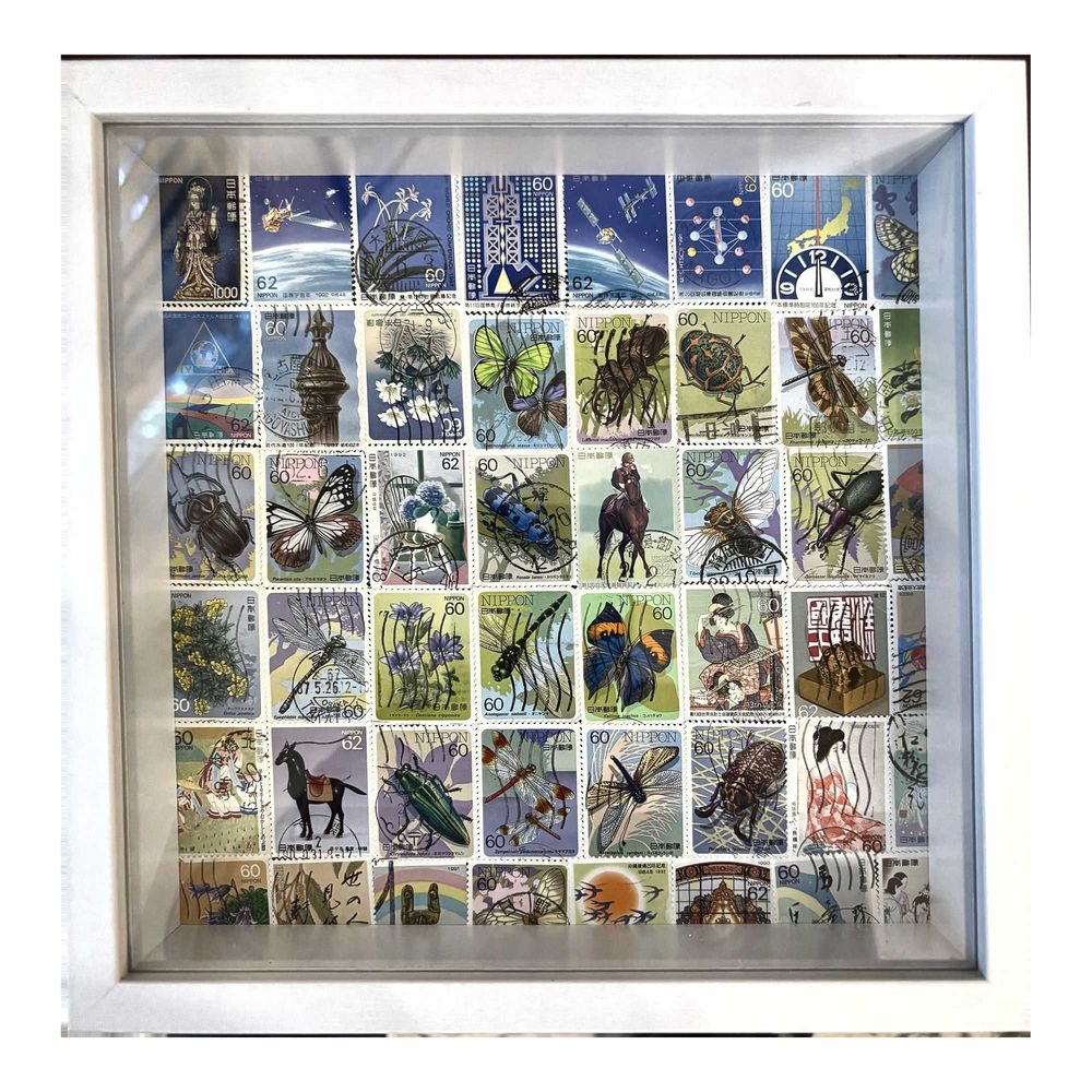 Japan Alive framed postage stamp art — Japanese Nippon stamps of butterflies, dragonflies and nature