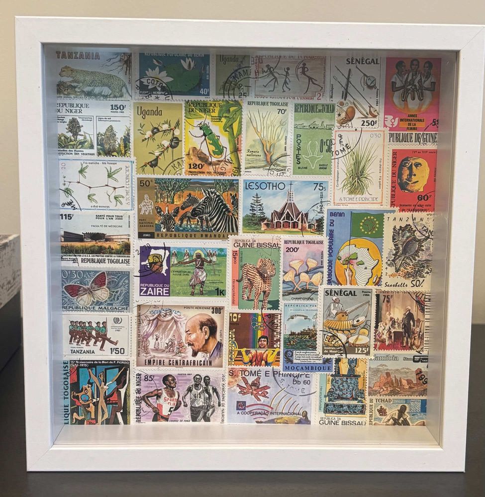 Africa framed postage stamp art — colorful stamps from countries across Africa