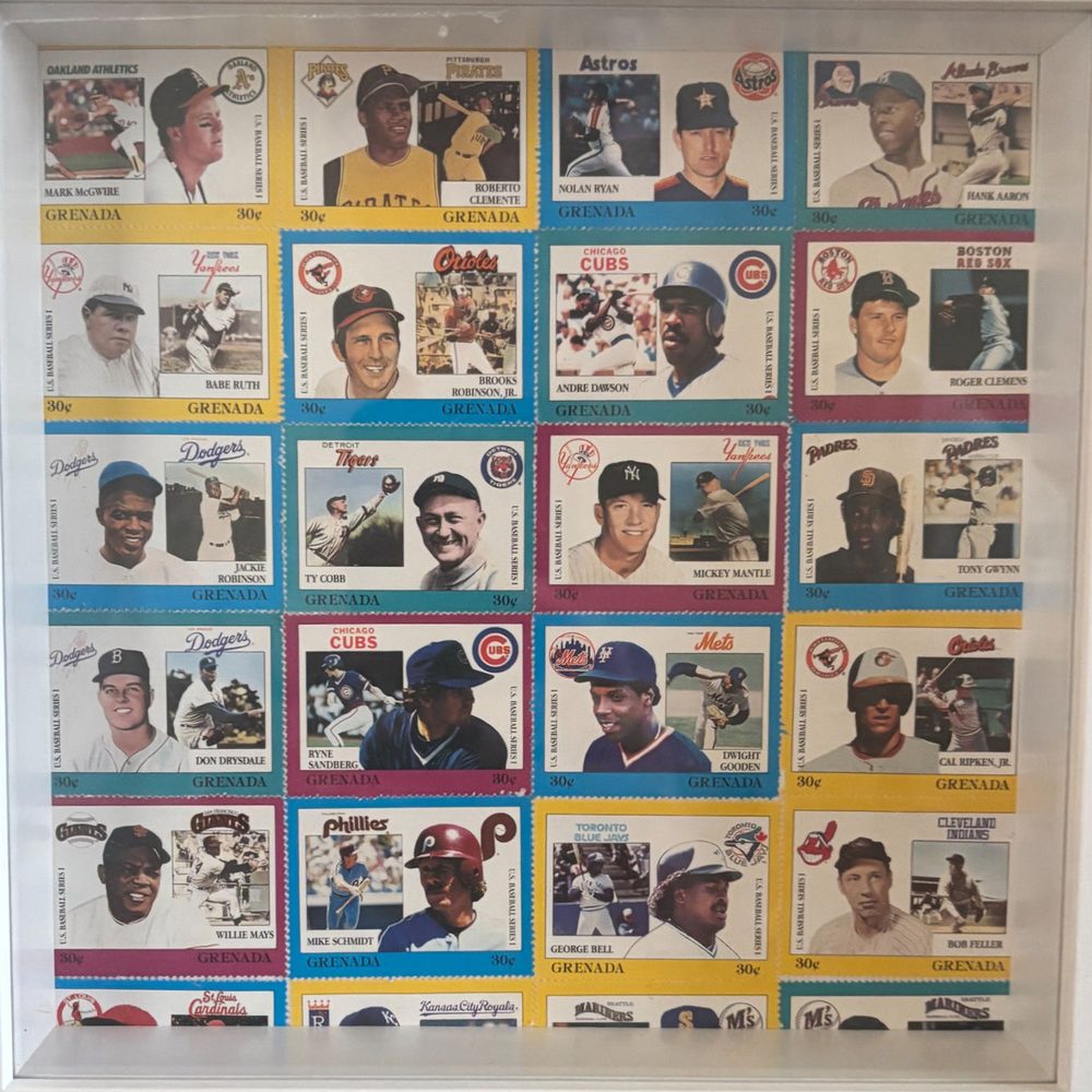 Batter Up framed postage stamp art — vintage baseball legend stamps including Babe Ruth, Mickey Mantle and Willie Mays
