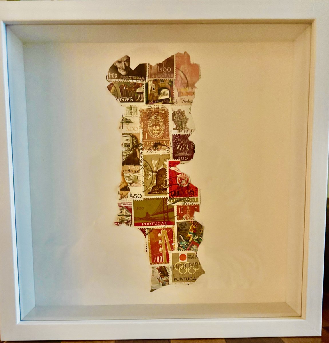 Viva Portugal framed postage stamp art — a map of Portugal built from vintage Portuguese stamps